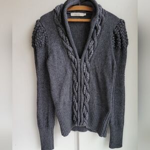 Reiss chunky cable knit wool blend zip cardigan grey women's size medium M